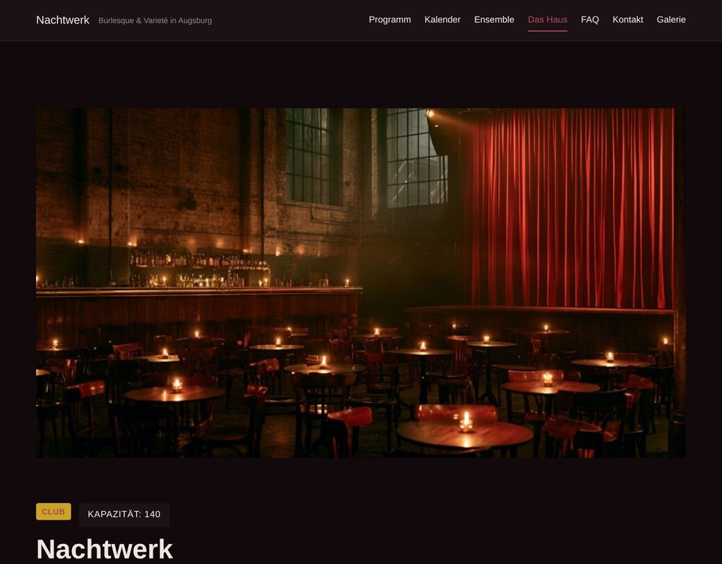 Ensemble-Location-Seite mit Saal-Foto, Kapazität und Karte