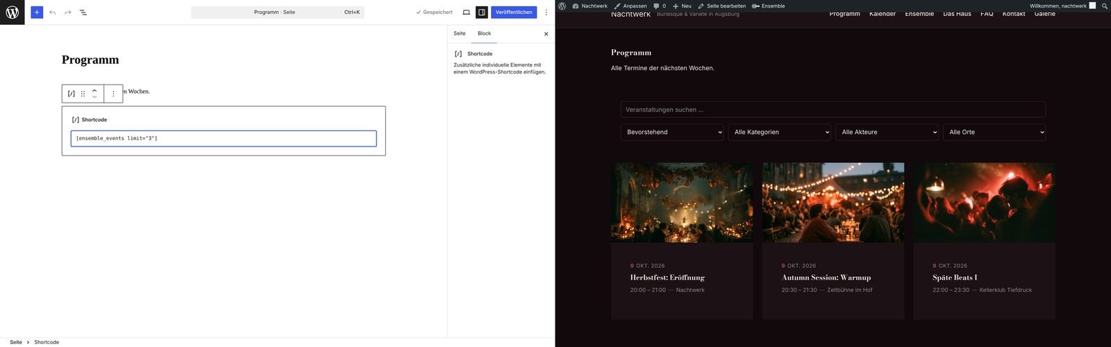 Seite im Editor mit Shortcode-Block und daneben das Ergebnis