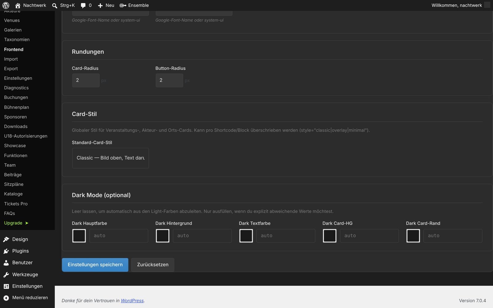Dark-Mode-Felder, teils leer
