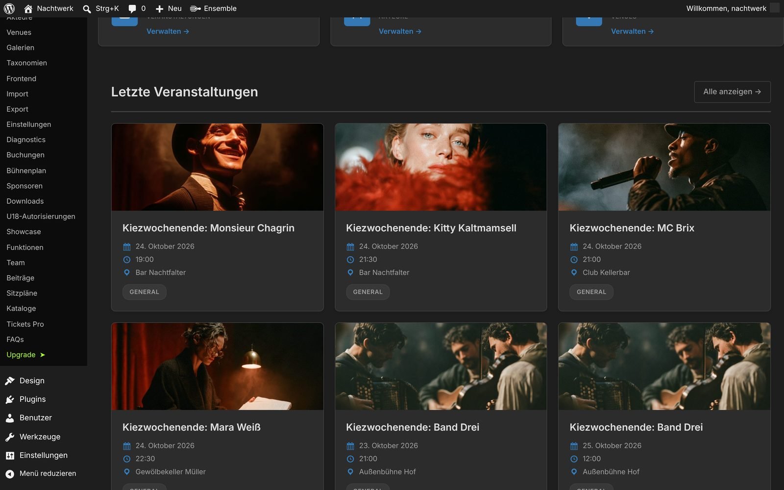 Dashboard mit befüllter Liste „Letzte Veranstaltungen“