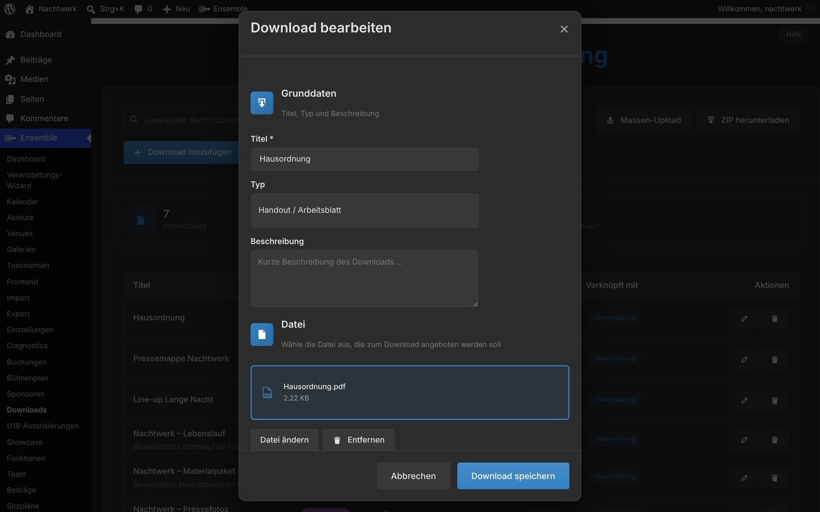 Download bearbeiten: Datei, Typ und Beschreibung