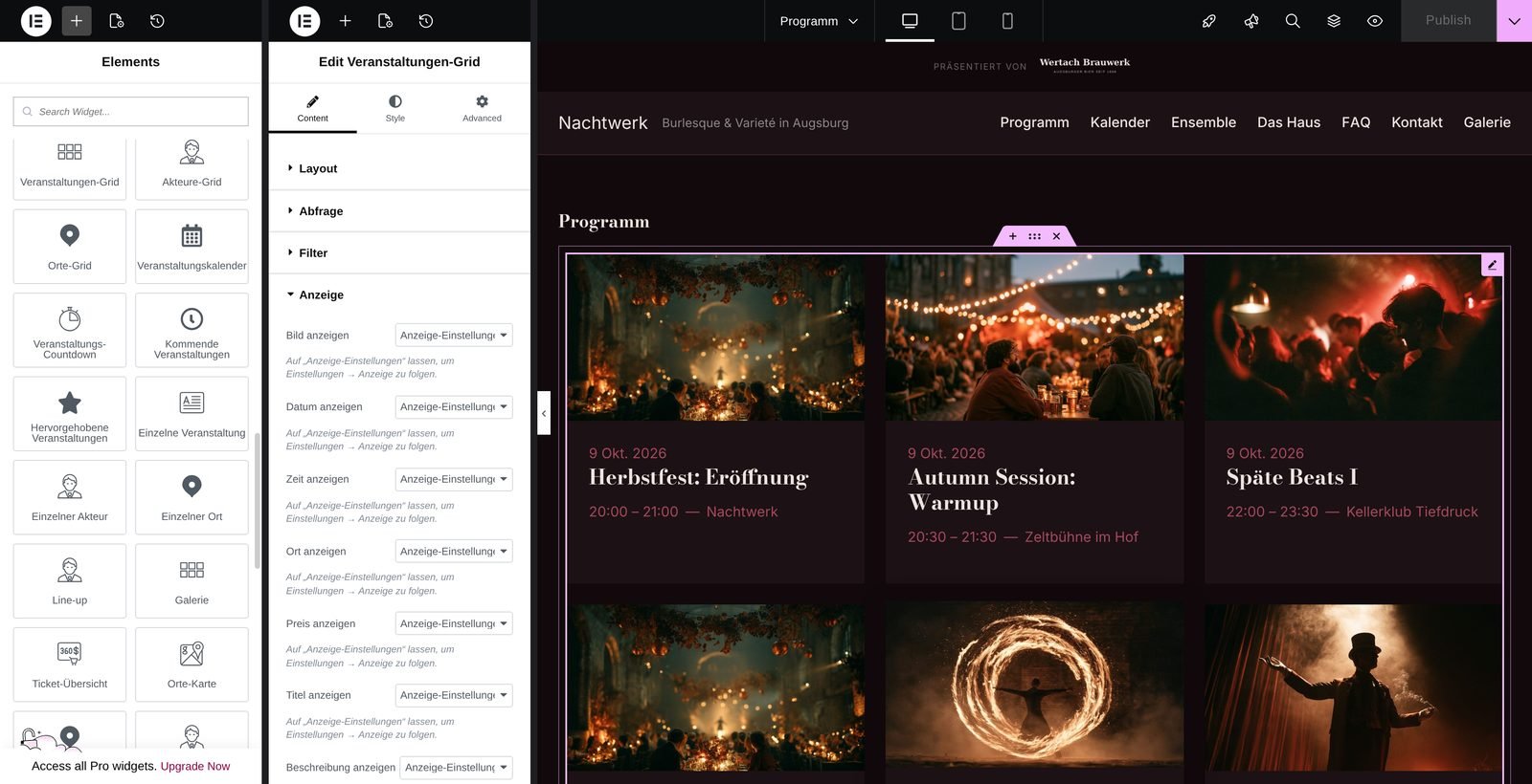 Elementor: Ensemble-Widgets in der Leiste und die Regler des Widgets Veranstaltungen-Grid