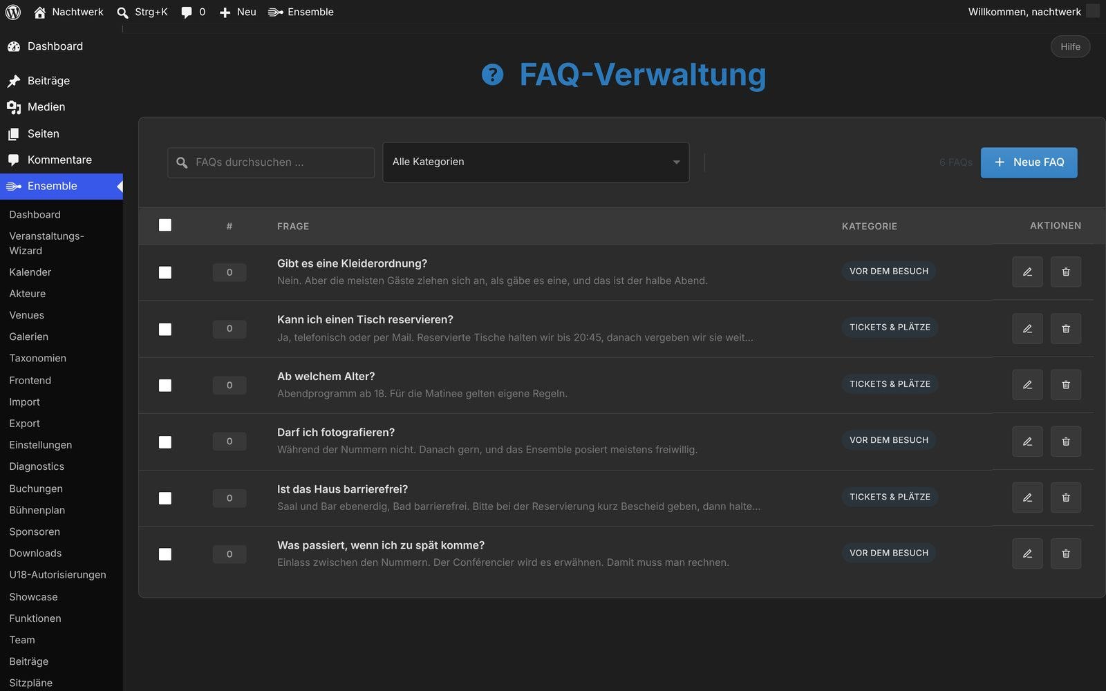 FAQ-Verwaltung mit zwei Kategorien