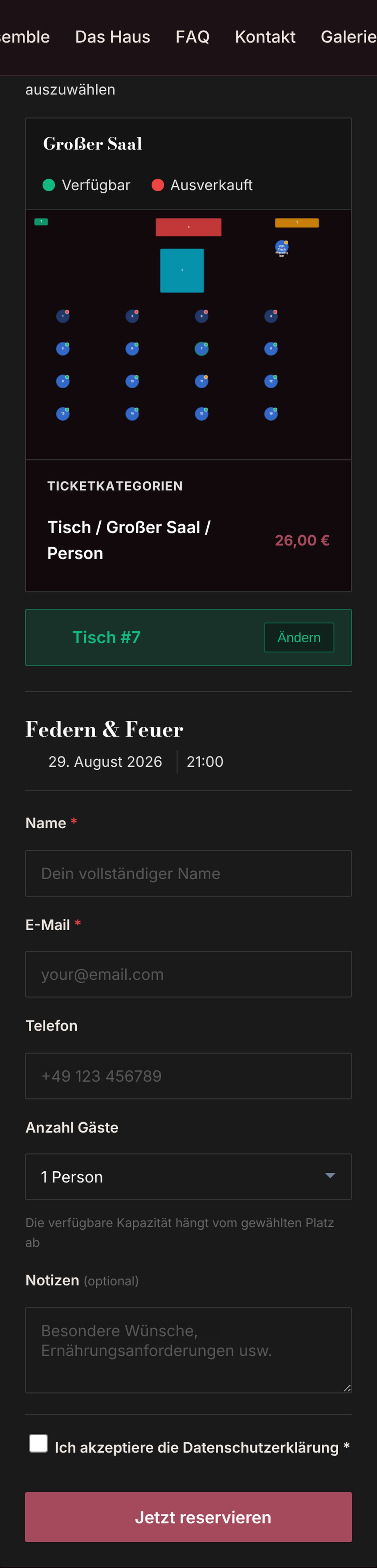 Sitzplan im Frontend mit Legende und gewähltem Tisch
