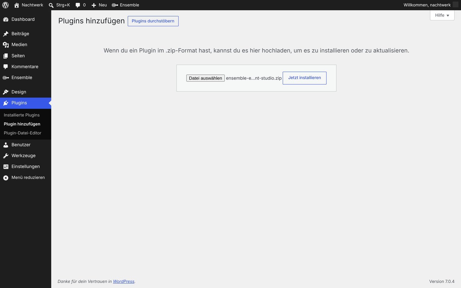 Plugins → Plugin hochladen mit ausgewählter ZIP-Datei