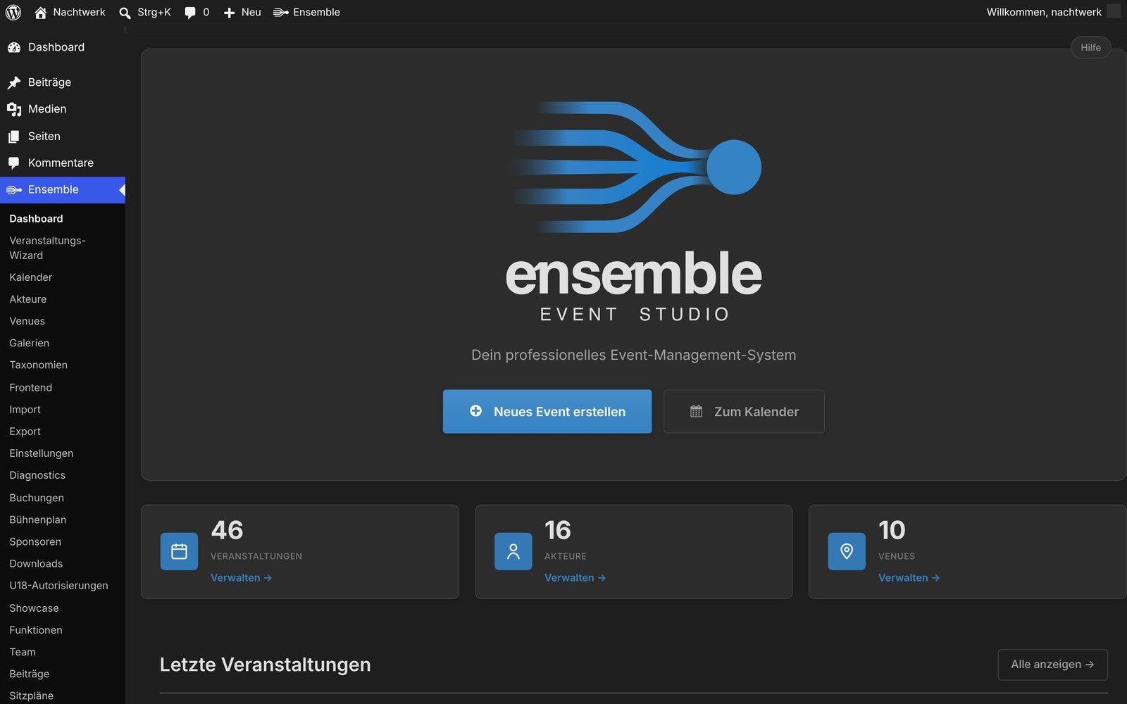 Ensemble-Menü im Backend direkt nach dem Aktivieren