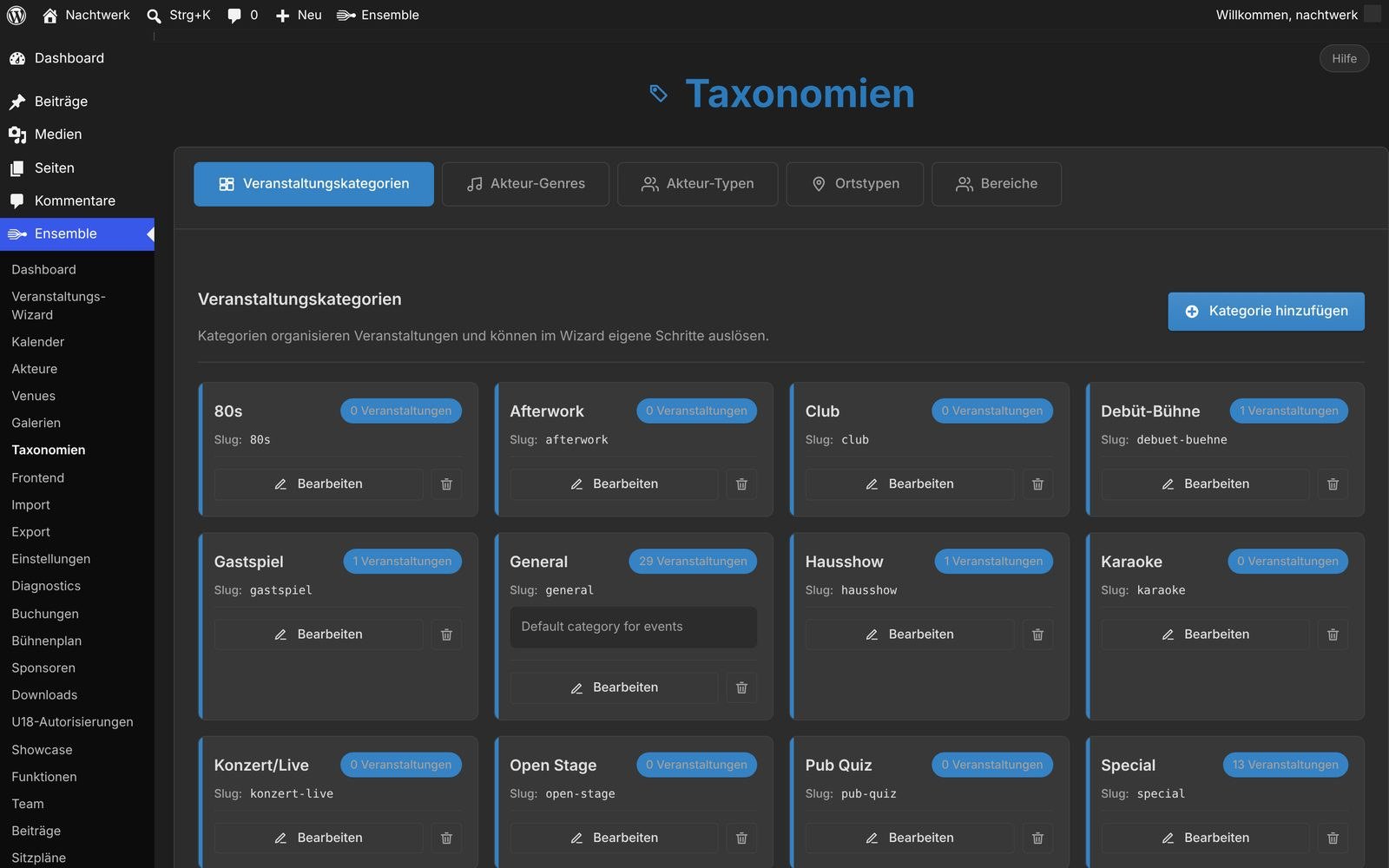 Taxonomien mit den Veranstaltungskategorien, ihren Farben und der Zahl der Einträge