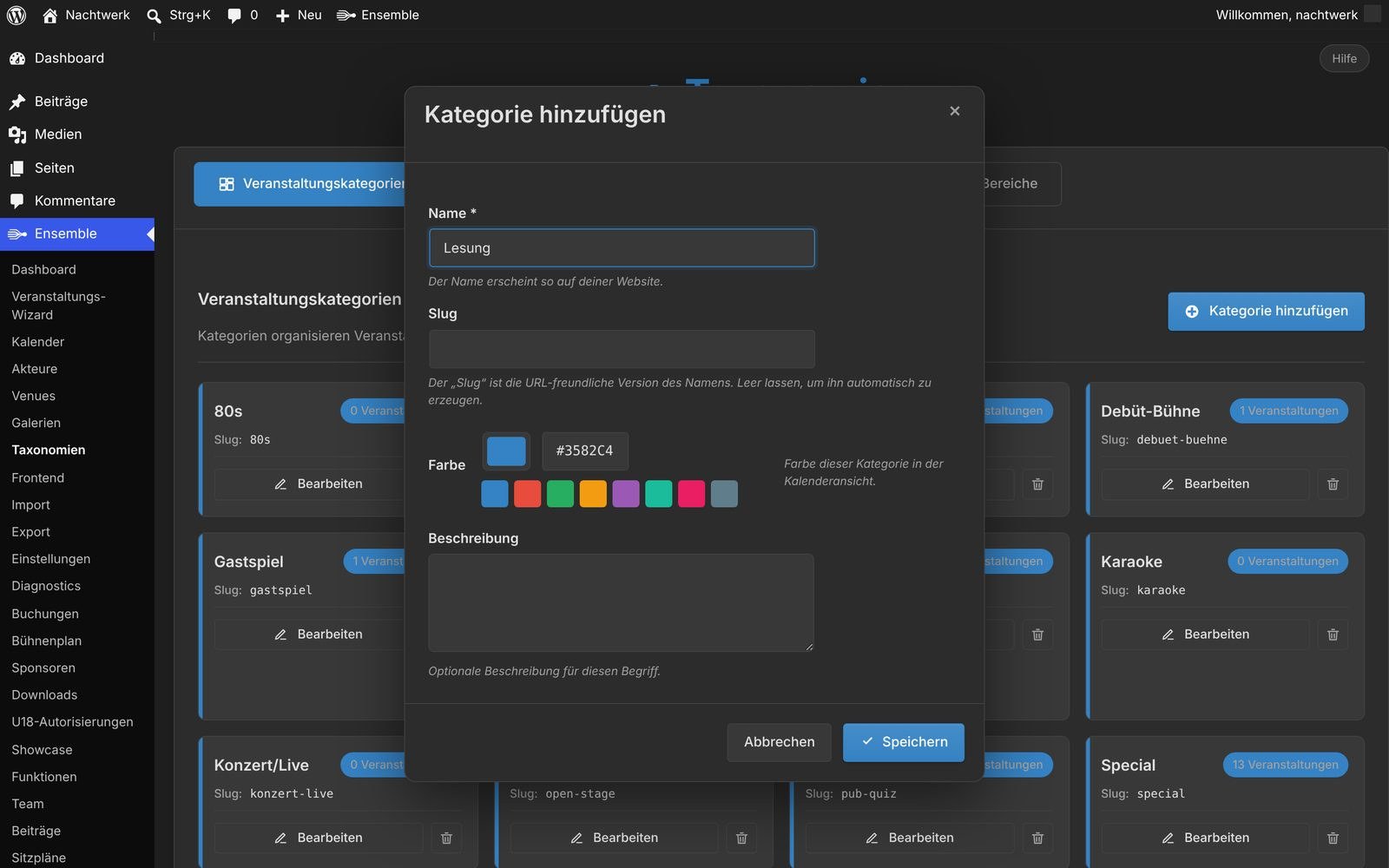 Dialog Kategorie hinzufügen mit Name, Slug und Farbe