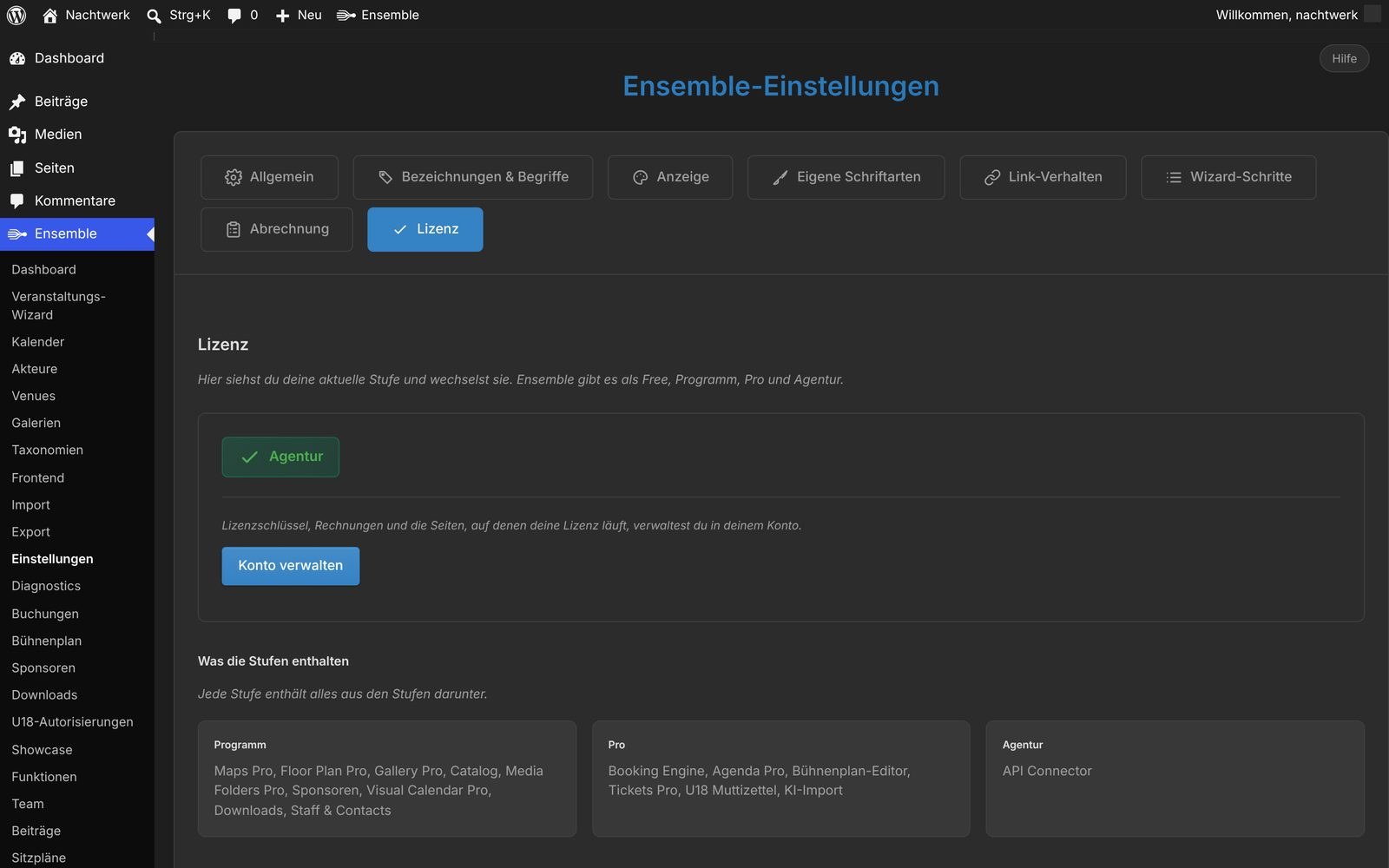 Einstellungen → Lizenz mit sichtbarer Stufe