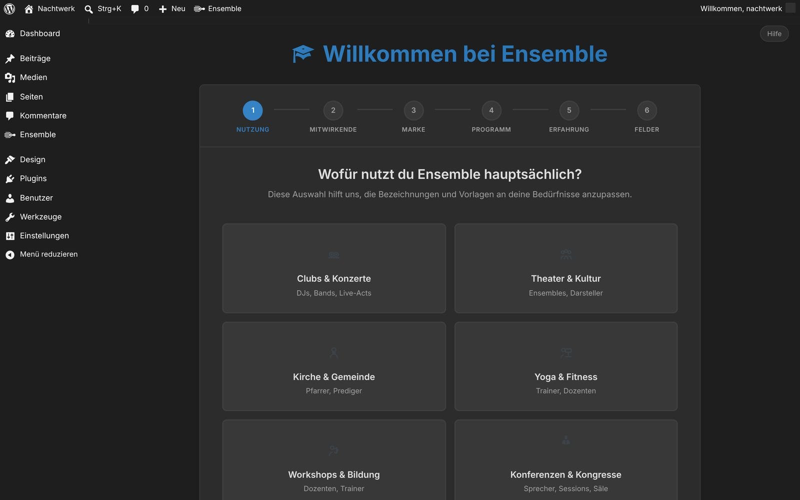Schritt 1 mit den zehn Nutzungsarten