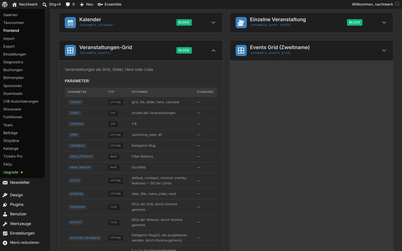 Frontend, Reiter Shortcodes, mit aufgeklapptem Shortcode und seinen Vorgabewerten