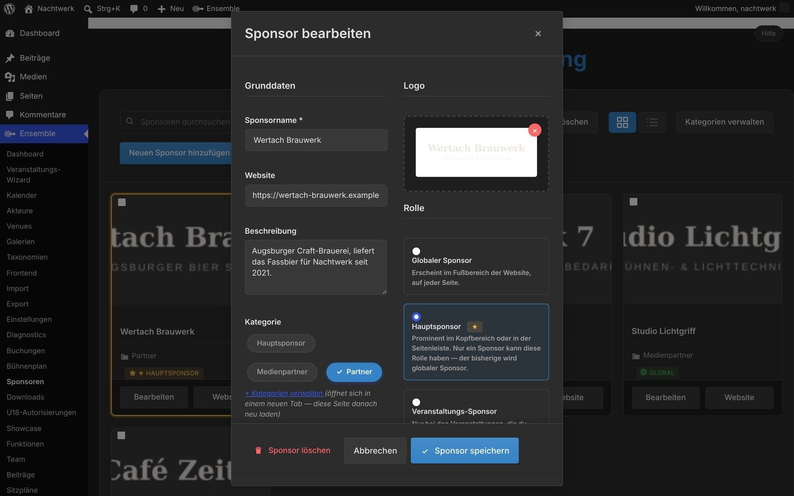 Sponsor bearbeiten mit Logo, Kategorie und Rolle