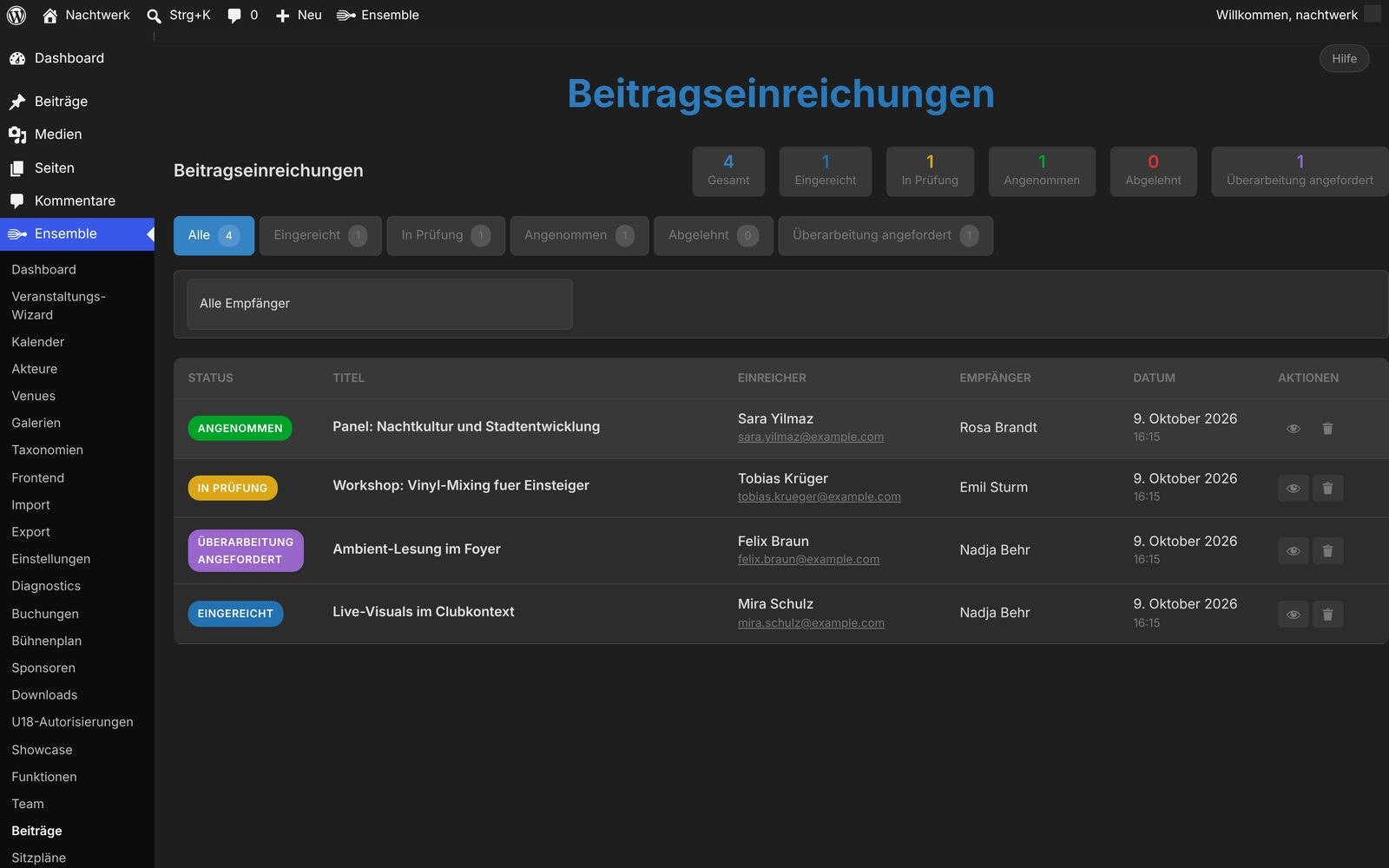 Einreichungen mit Status, Art, Einreicher und Empfänger (neu aufnehmen, Stand 10.10.)