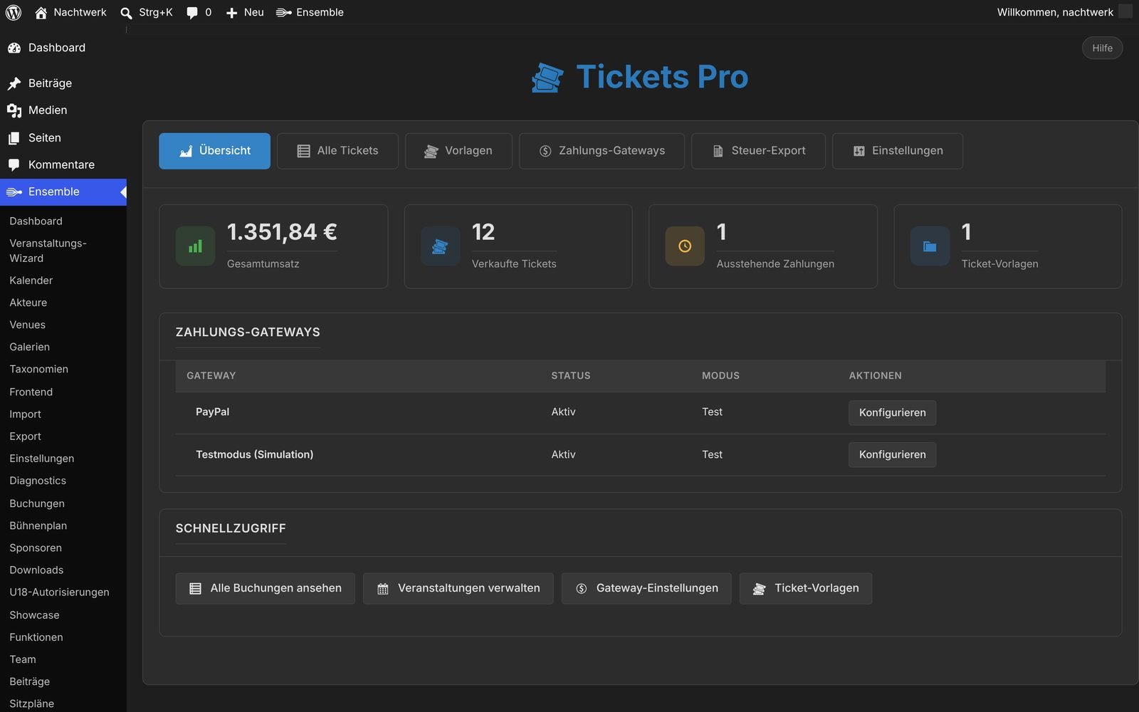 Tickets Pro, Reiter Übersicht