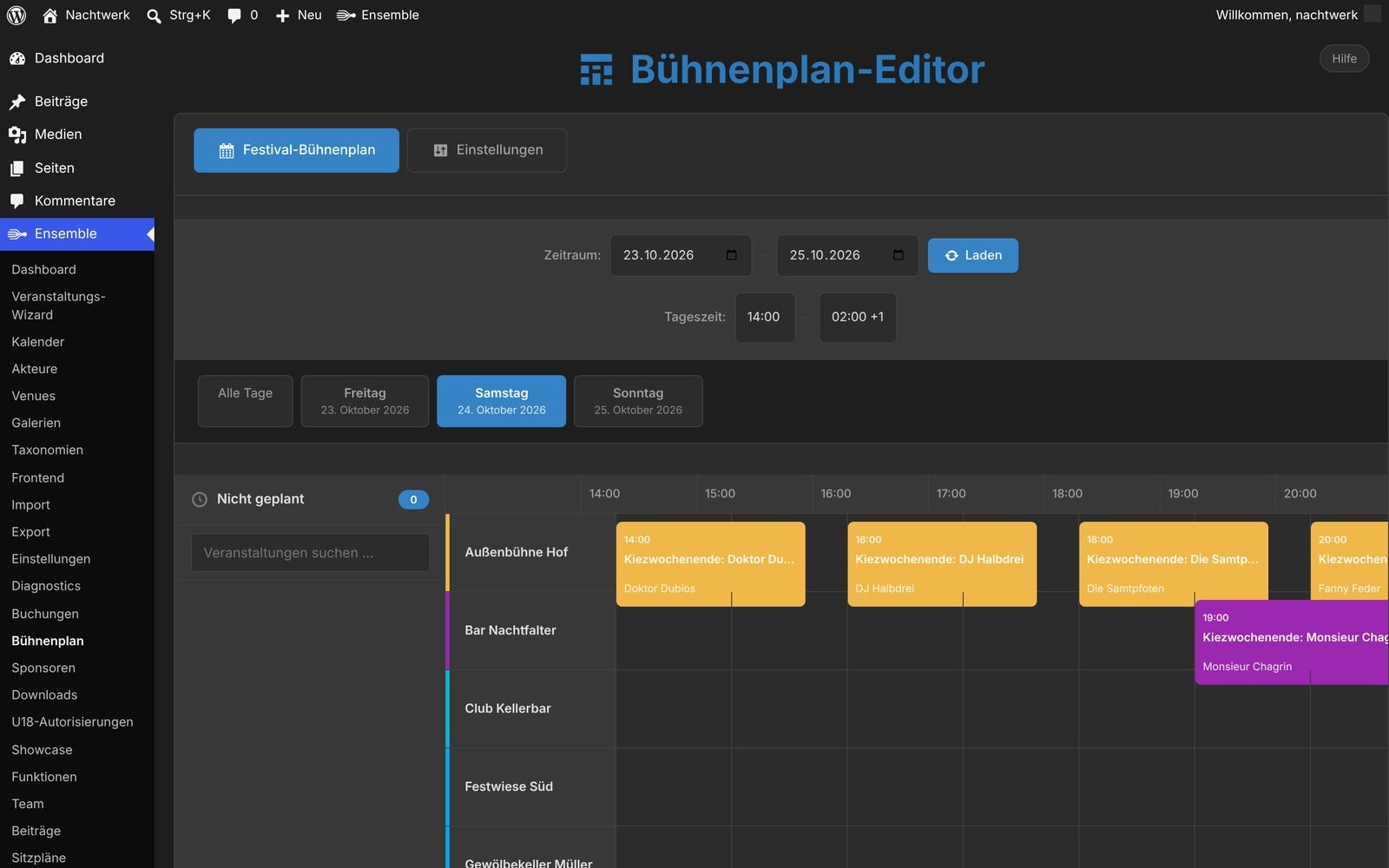Bühnenplan-Editor: Samstag des Kiezwochenendes mit Bühnen und Zeitleiste