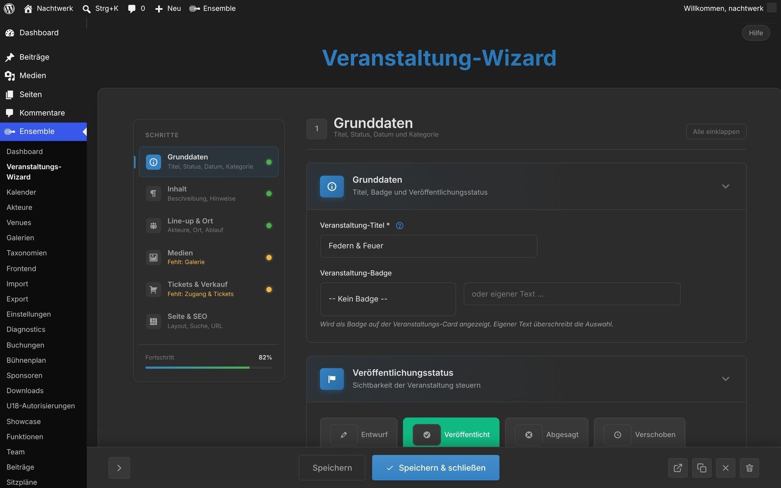 Wizard gesamt mit den sechs Schritten links