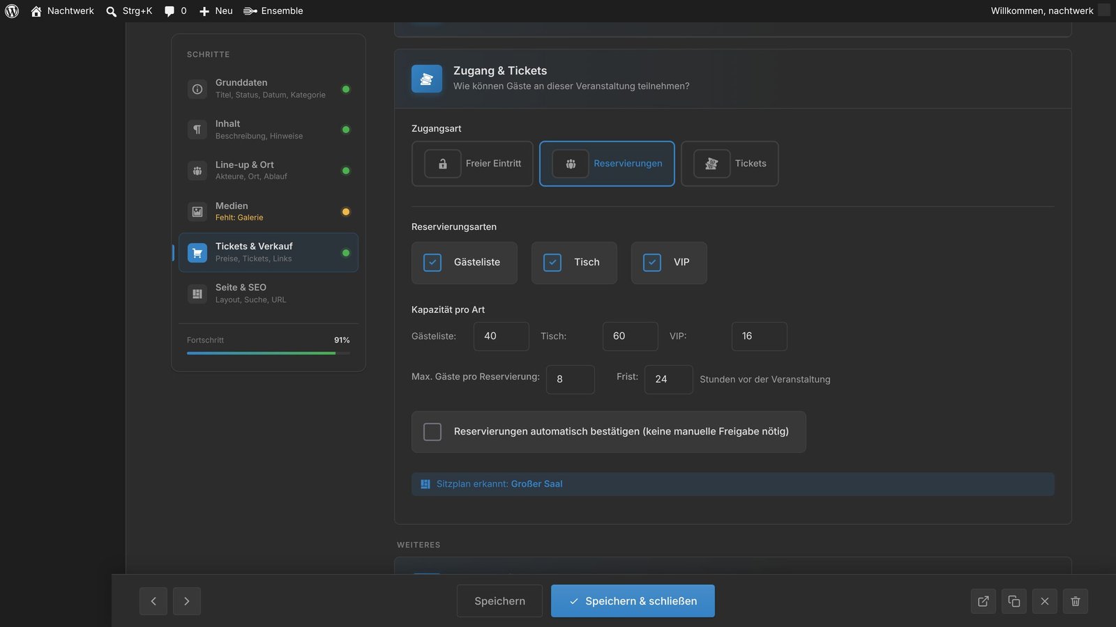 Wizard-Abschnitt der Booking Engine mit Tischreservierung, VIP-Bereich und aktivierter Warteliste.