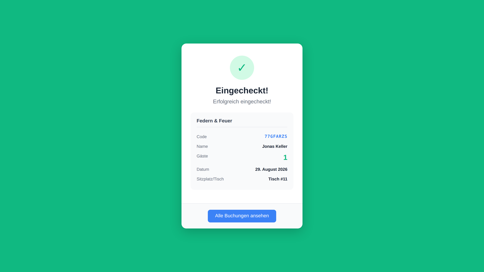 QR-Check-in-Bildschirm der Booking Engine bestätigt eine Tischreservierung am Einlass.