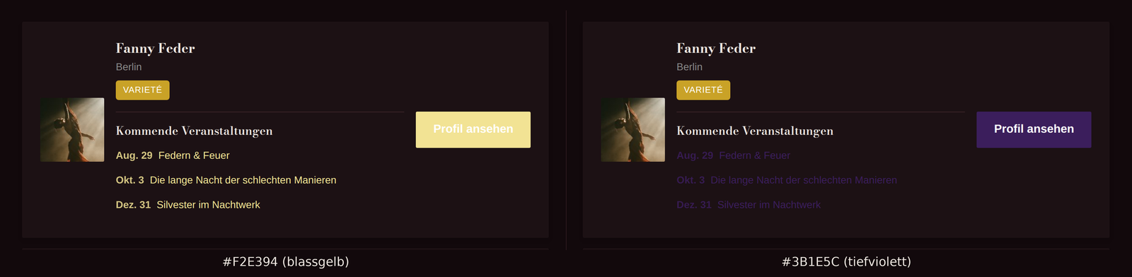 Derselbe Button mit heller und dunkler Hauptfarbe, die Textfarbe passt sich jeweils automatisch an.