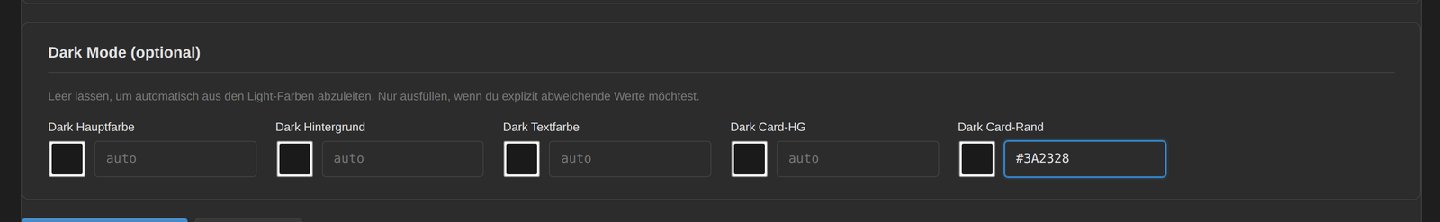 Die optionalen Dark-Mode-Felder des Brand Tuners, teils auf Automatik, teils mit eigenem Wert.