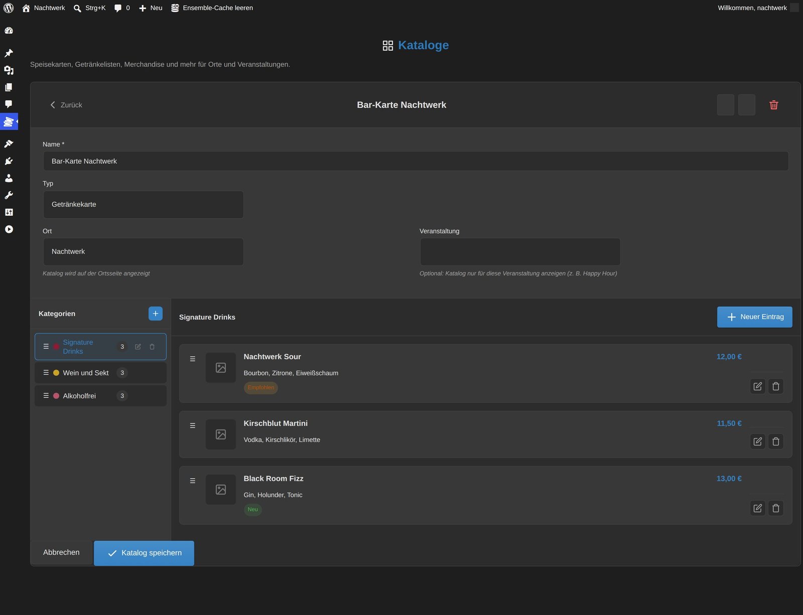 Backend-Ansicht des Catalog-Addons mit einer Getränkekarte in mehreren Kategorien und Preisen.