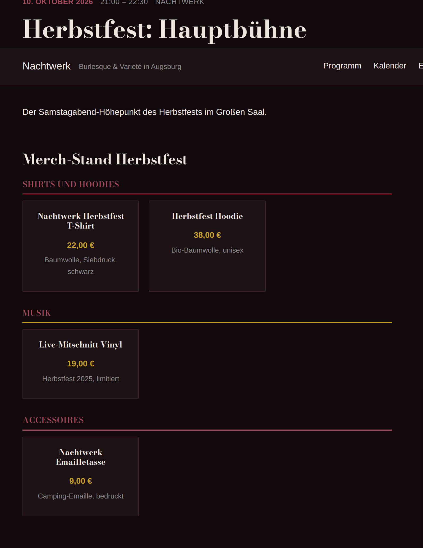 Frontend-Ansicht einer Veranstaltungsseite mit direkt verknüpftem Merchandise-Katalog.
