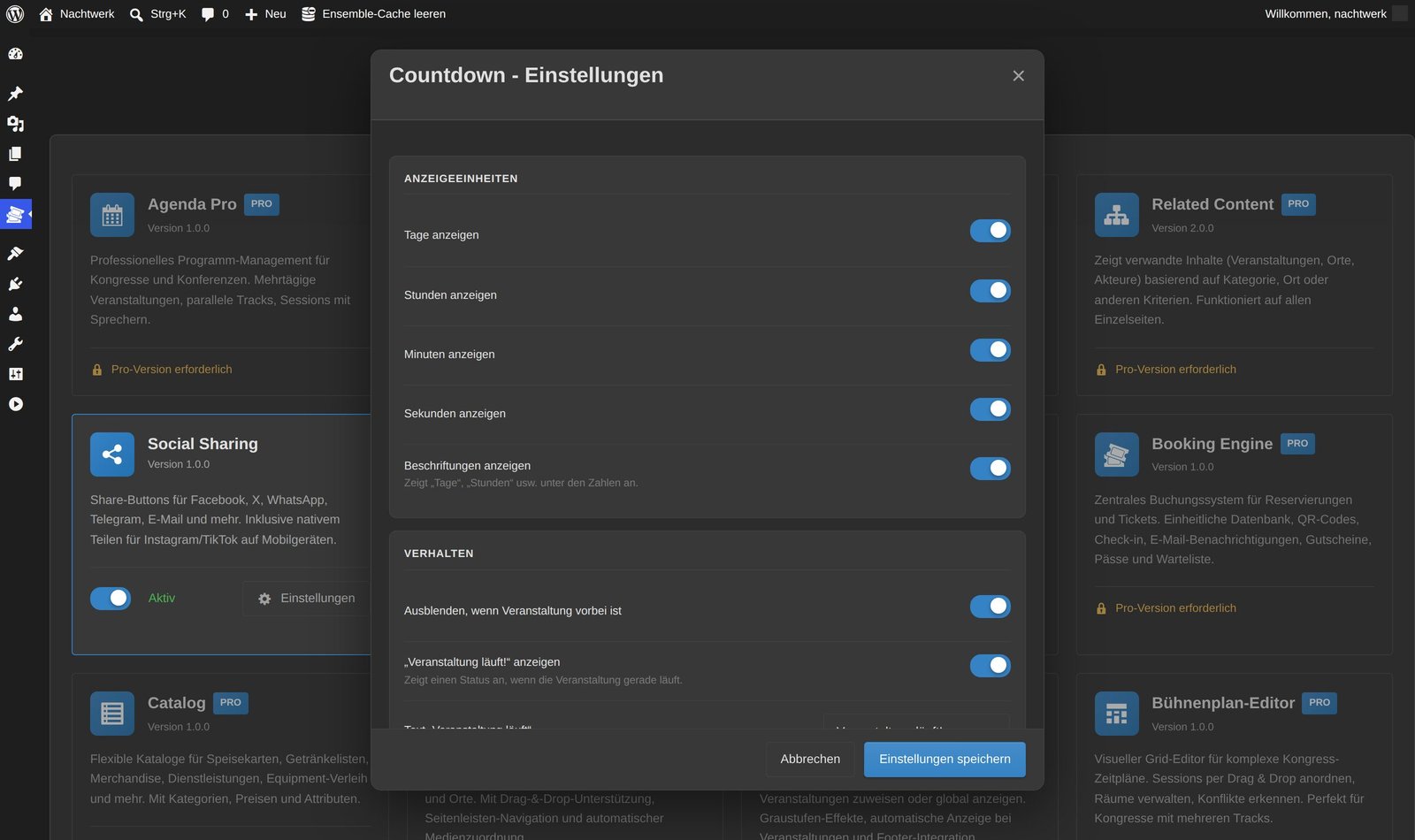 Vier Darstellungsvarianten des Ensemble-Countdown-Addons — Boxen, Minimal, Flip und Kreis — mit Tage-, Stunden-, Minuten- und Sekundenanzeige