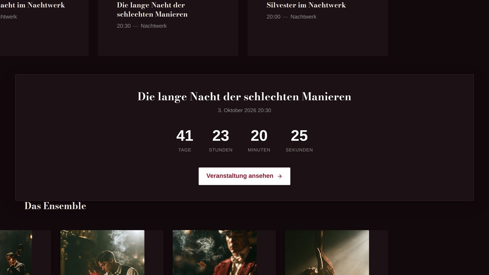 Ensemble-Countdown-Widget im Boxen-Stil auf einer Event-Detailseite, drei Tage vor Veranstaltungsbeginn