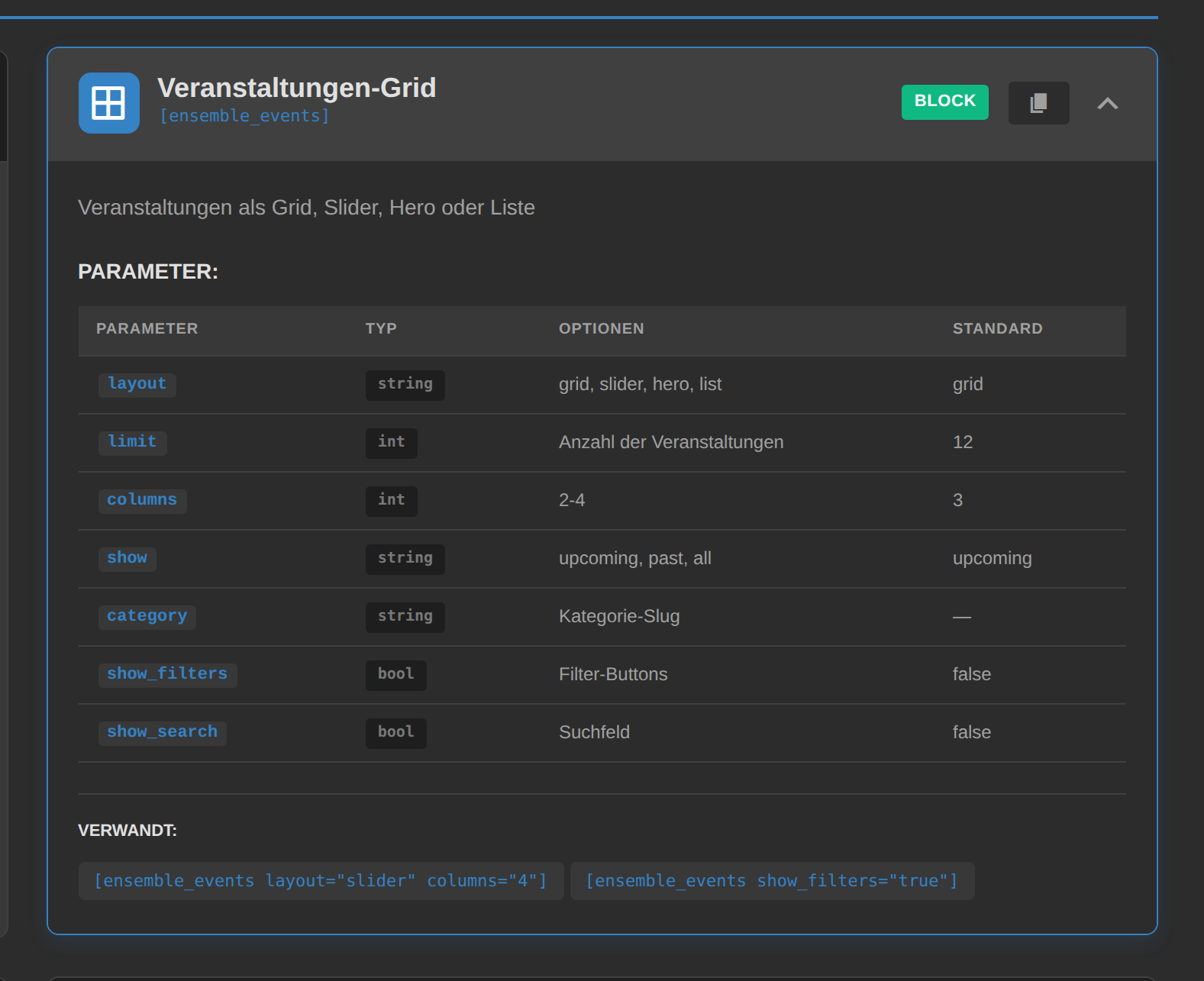 Die eingebaute Shortcode-Referenz mit aufklappbaren Karten und Parametertabellen.