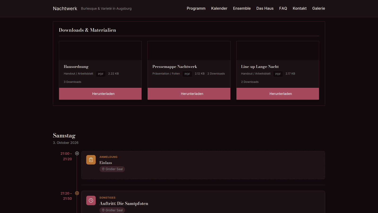 Downloads-Bereich einer Veranstaltung mit mehreren kategorisierten Dateien im Grid-Layout.