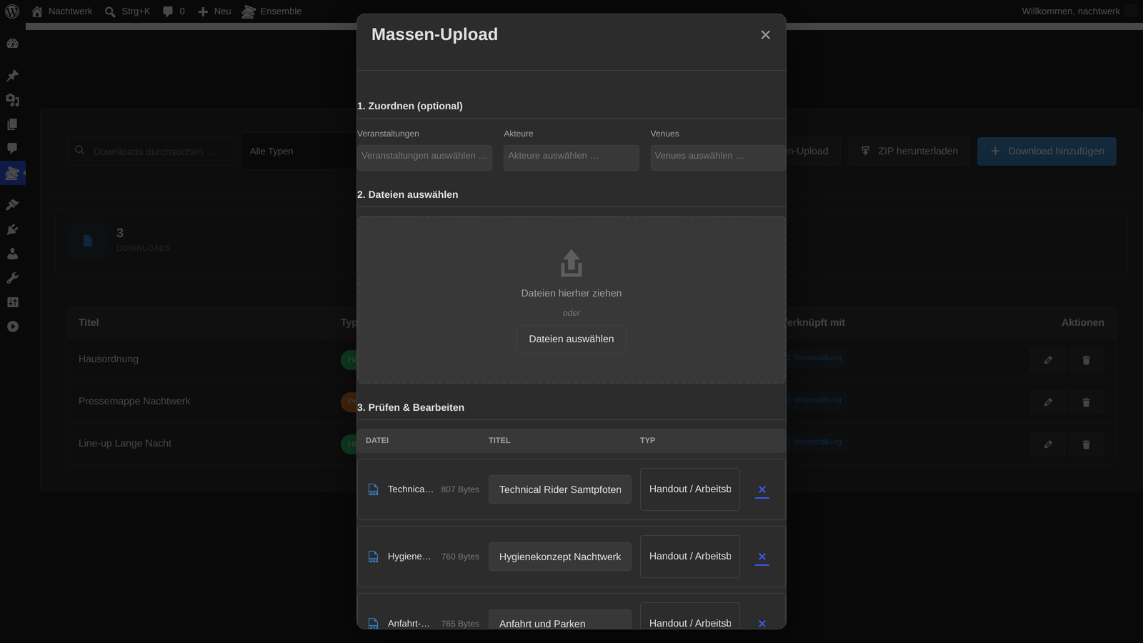 Sammel-Upload mehrerer Dateien im Backend und ZIP-Download-Option mit Zählern im Frontend.