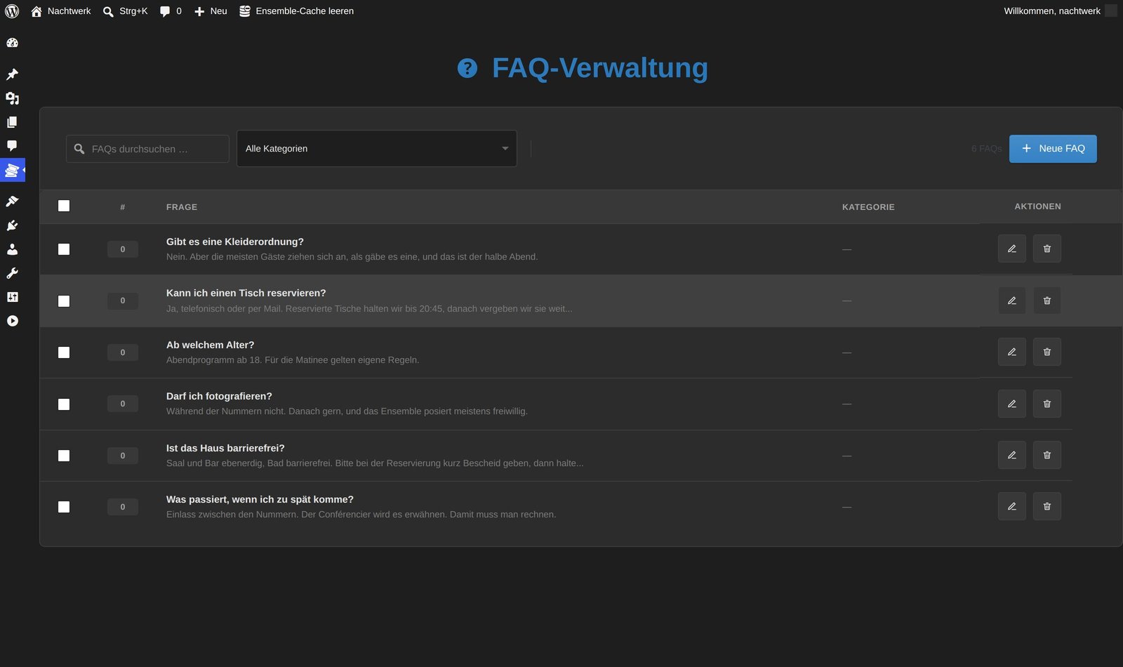 Ensemble-FAQ-Addon mit Kategorie-Filtern und einer geöffneten, aufgeklappten Frage-Antwort-Karte