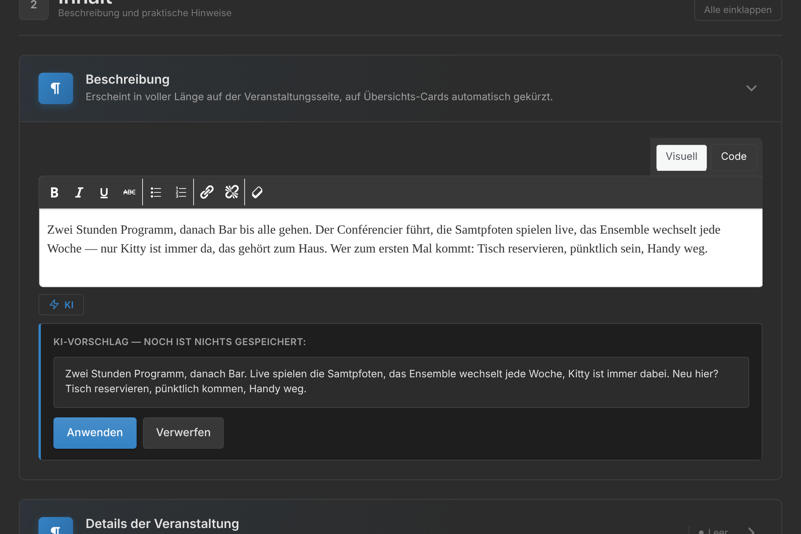 Die KI-Textleiste unter dem Beschreibungsfeld mit geöffnetem Vorschau-Panel und den Buttons Übernehmen und Verwerfen.