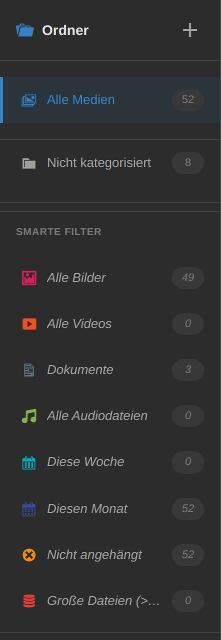 Smarte Filter in der Ensemble-Seitenleiste mit Anzahl je Filter.