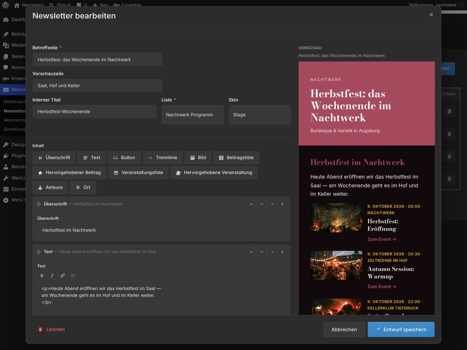 Newsletter-Editor mit Blockkarten auf der linken und Live-Vorschau der E-Mail auf der rechten Seite.