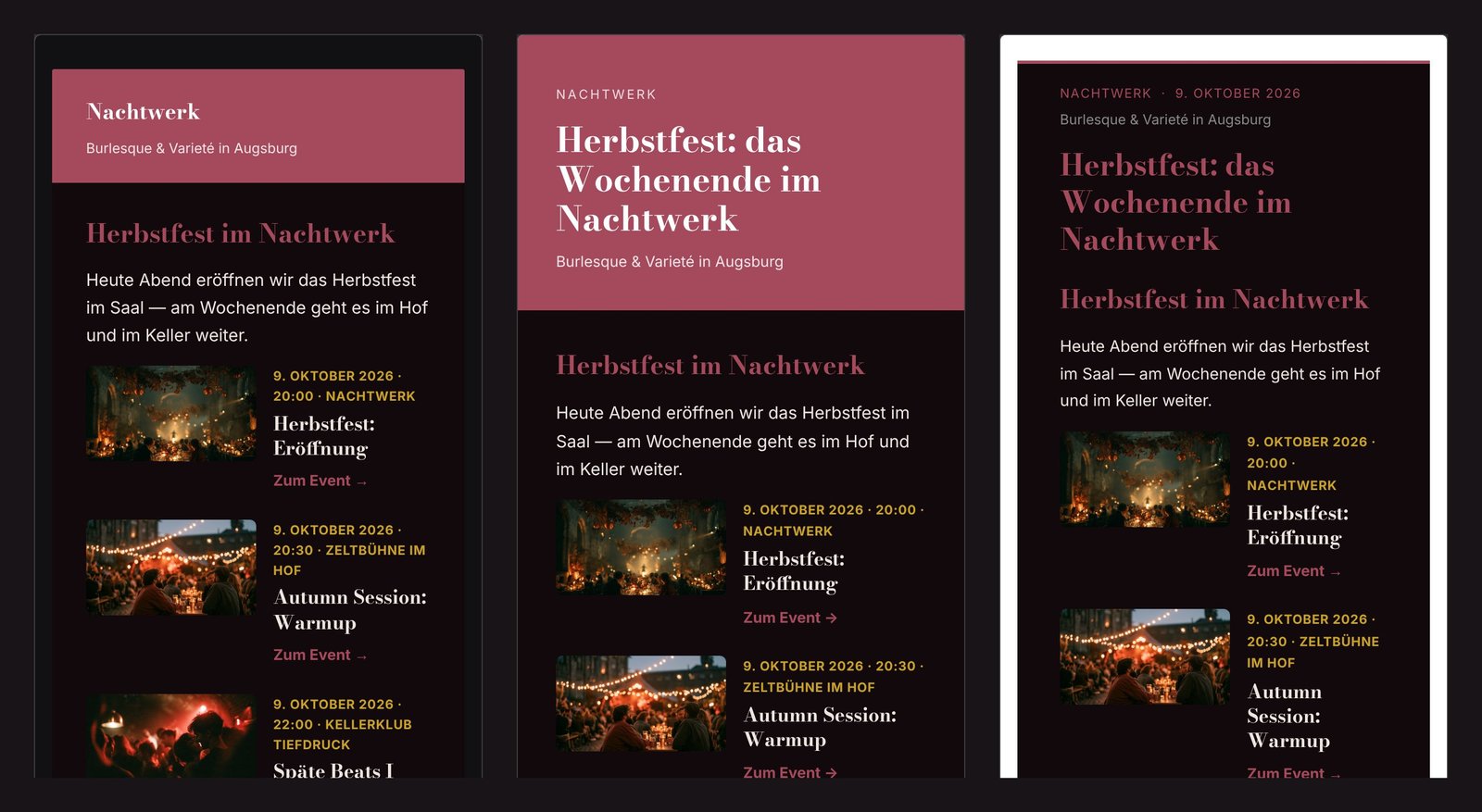 Drei Varianten derselben Newsletter-Mail in unterschiedlichen Layouts, alle in denselben Markenfarben.