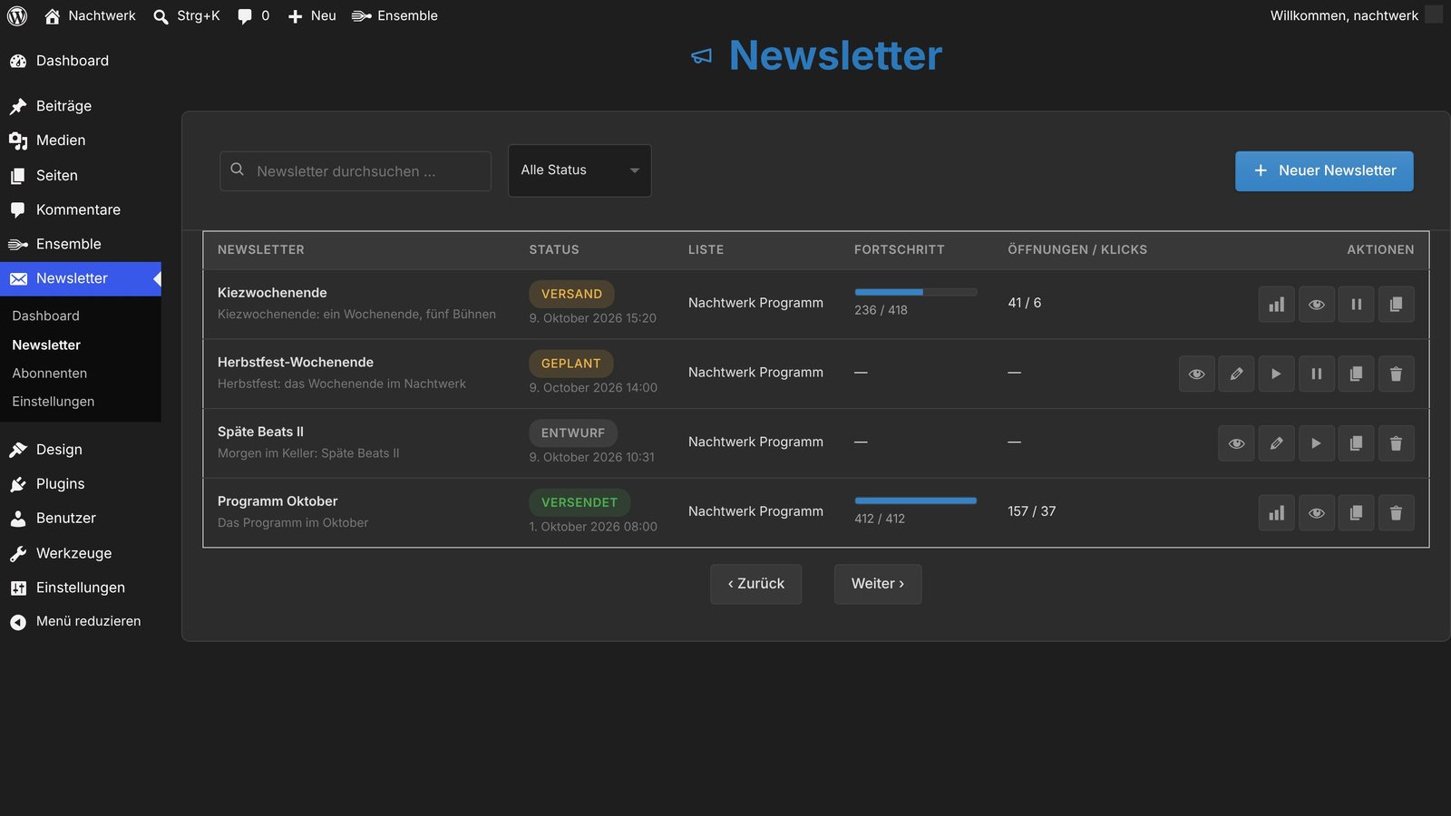 Backend-Tabelle der Newsletter mit Status-Badges, Fortschrittsbalken und Öffnungs- und Klickzahlen.