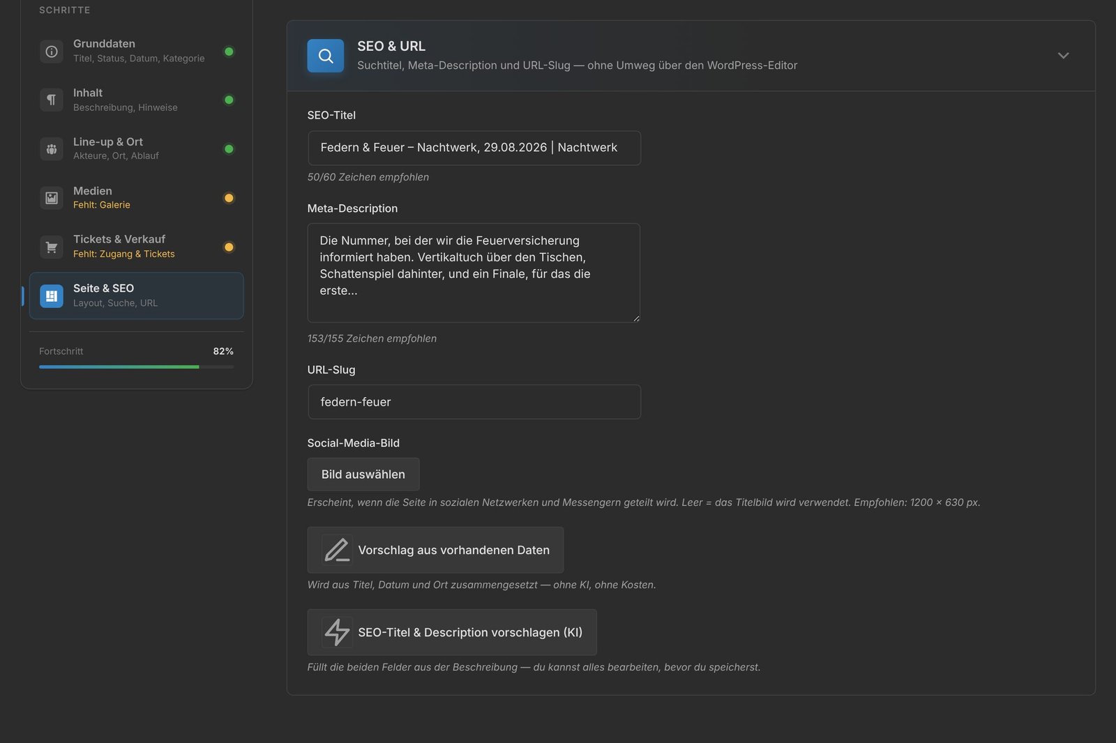 Die SEO-Karte mit per Knopfdruck ausgefüllten Feldern für SEO-Titel und Meta-Description.