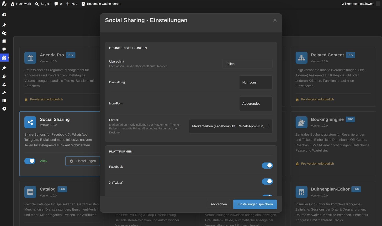 Teilen-Buttons für Facebook, X, WhatsApp, Telegram, LinkedIn, E-Mail und Link kopieren unter einer Ensemble-Event-Seite.