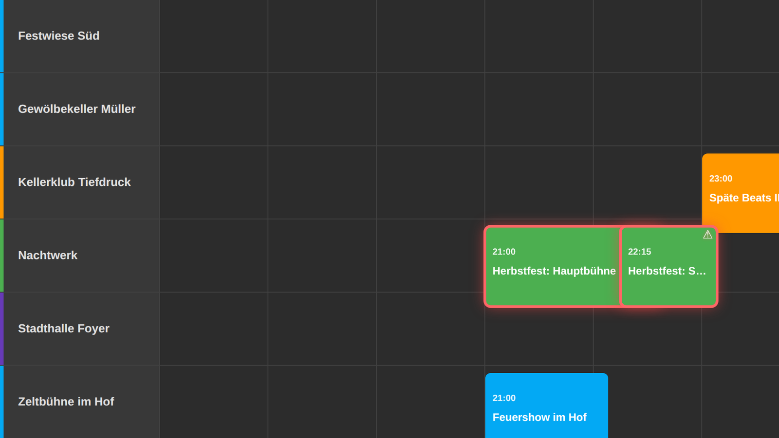 Zwei sich überschneidende Programmpunkte auf derselben Bühne, rot markiert mit Konflikt-Zähler.