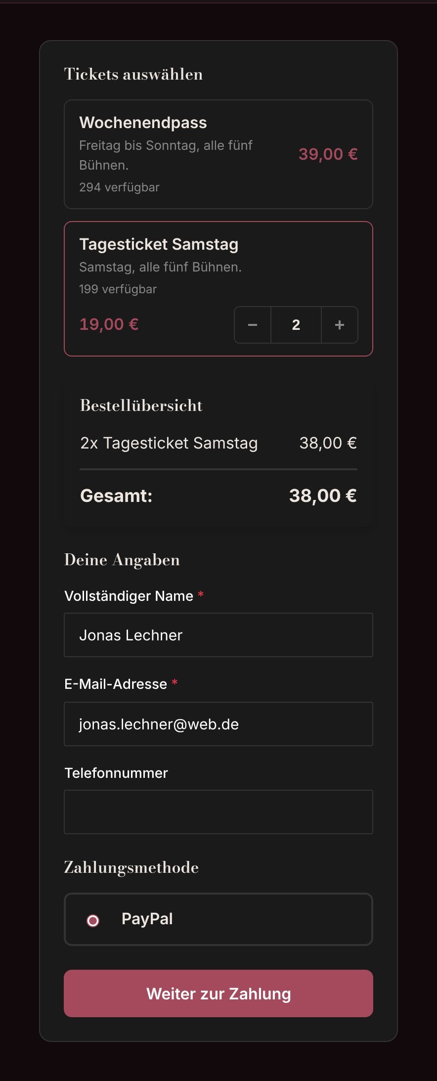 Checkout-Ansicht eines Tickets mit PayPal als Zahlungsweg.