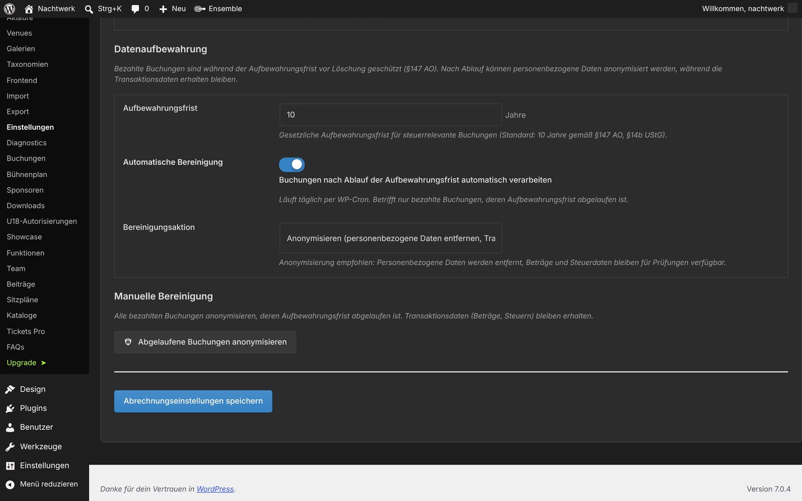Einstellungsbereich für Aufbewahrungsdauer, automatische Bereinigung und manuelle Sammel-Anonymisierung.