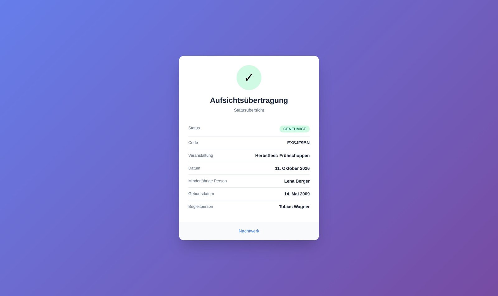 Status-Seite eines digital ausgefüllten U18-Muttizettels im Ensemble-Addon mit Bearbeitungsstand und Hinweis auf die automatische DSGVO-Löschung nach dem Event