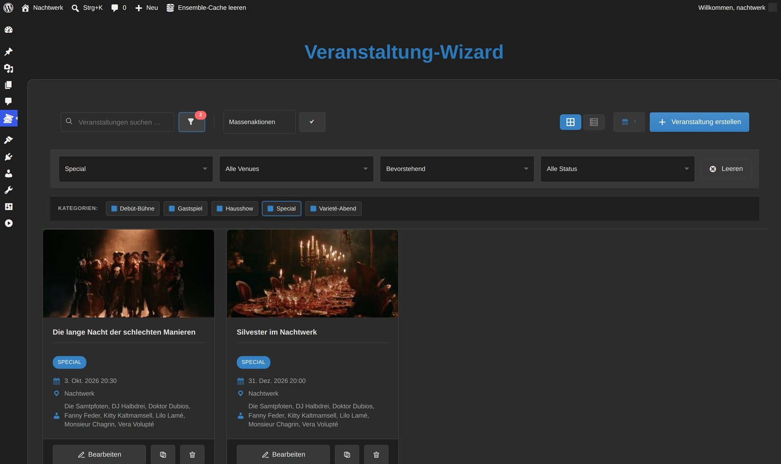 Die geöffnete Filterleiste der Eventverwaltung mit zwei aktiven Filtern.