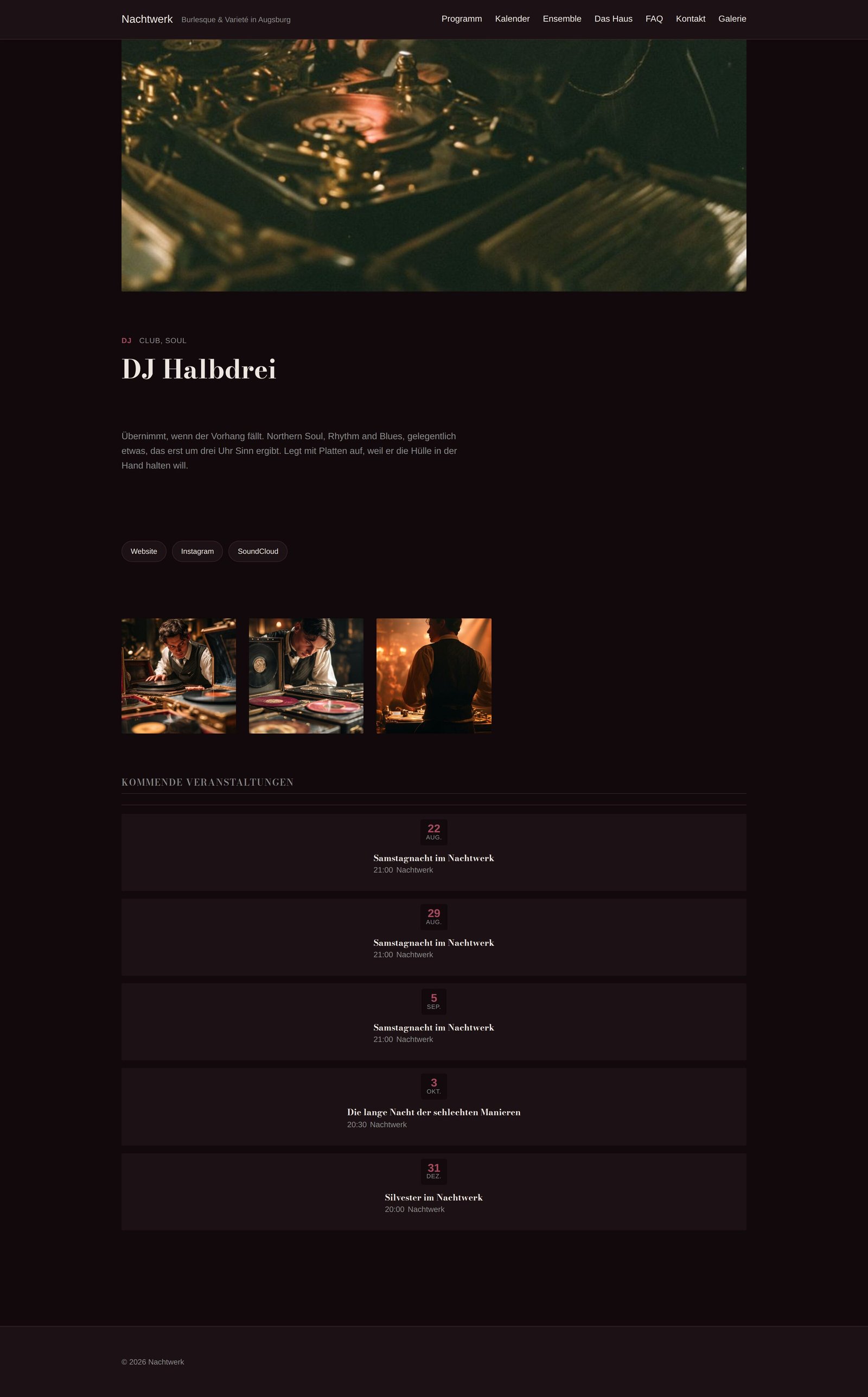 Künstlerprofil mit Biografie und automatisch erzeugter Liste vergangener und kommender Auftritte.