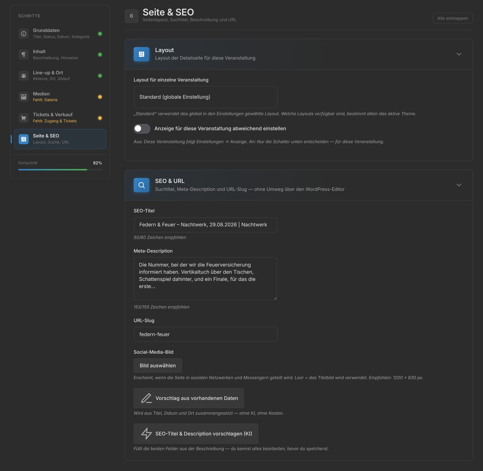 Wizard-Schritt Seite & SEO mit Layout-Auswahl und gefüllter SEO-Karte.